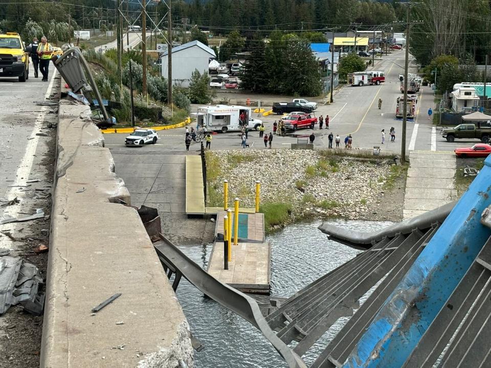 A photo of Bruhn Bridge along Highway 1 near Sicamous, B.C. after a truck crashed through the bridge on Aug. 24, 2024 and damaged its railing. 