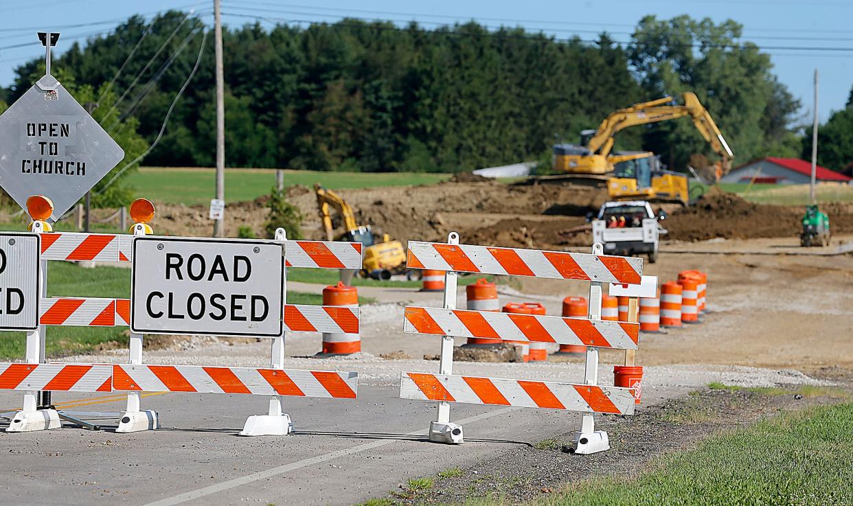 Construction work on the roundabout at state Route 60/Faultless Drive and the U.S. Route 250 bypass continues. The road was closed July 11 for 90 days for the construction of Ashland's first roundabout.