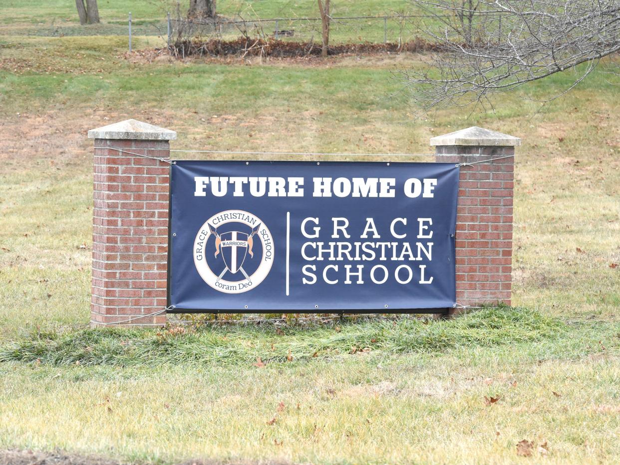 The former sign welcoming people to Beverley Manor Elementary School has been replaced with a Grace Christian sign as the private school makes plans to relocate to the Augusta County property.