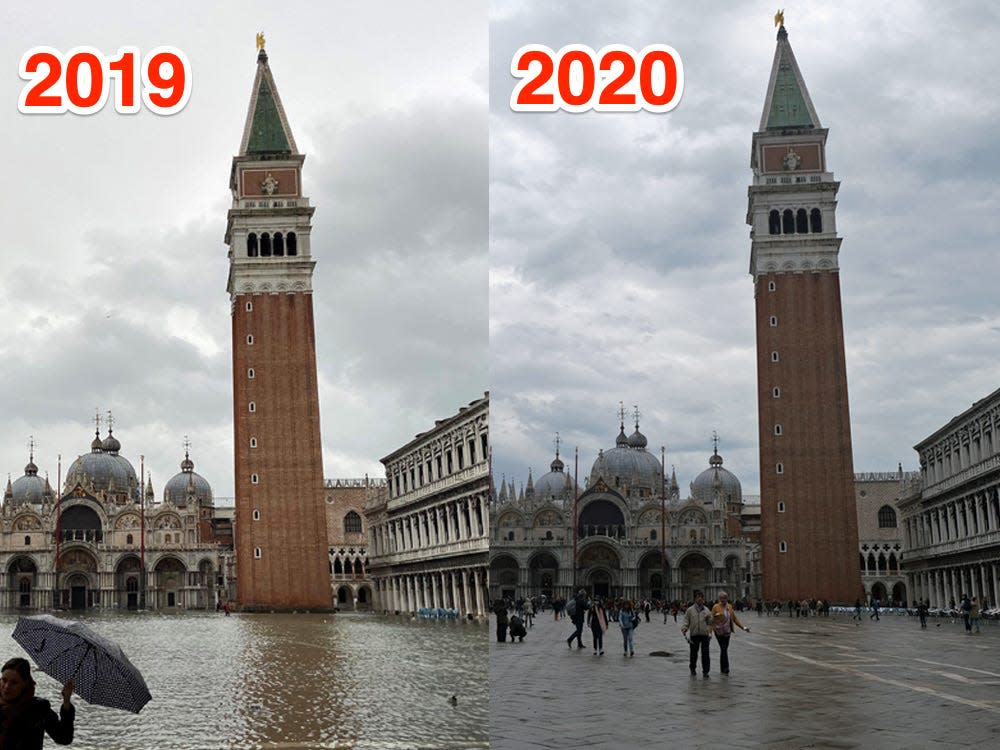 Venice flood before and after from 2019 and 2020