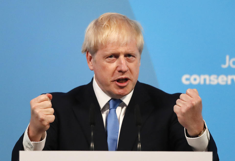 Boris Johnson speaking after winning the Conservative Party leadership race and becoming Prime Minister on July 23, 2019. (AP)