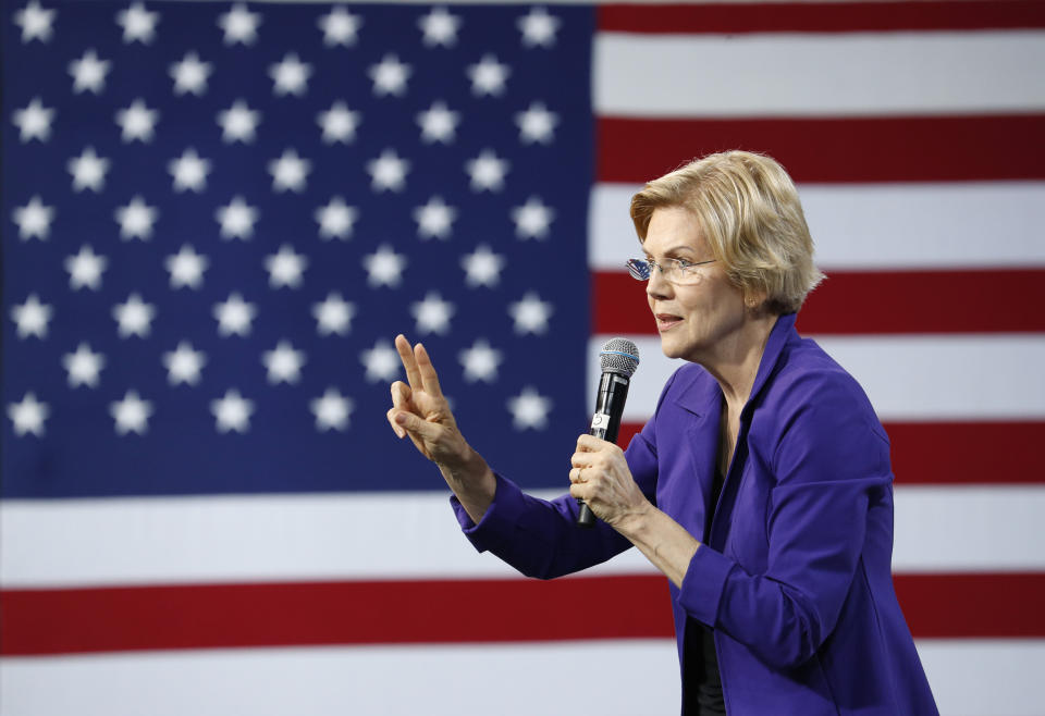 Democratic presidential candidate Sen. Elizabeth Warren, D-Mass., speaks at a Service Employees International Union forum on labor issues, Saturday, April 27, 2019, in Las Vegas. (AP Photo/John Locher)