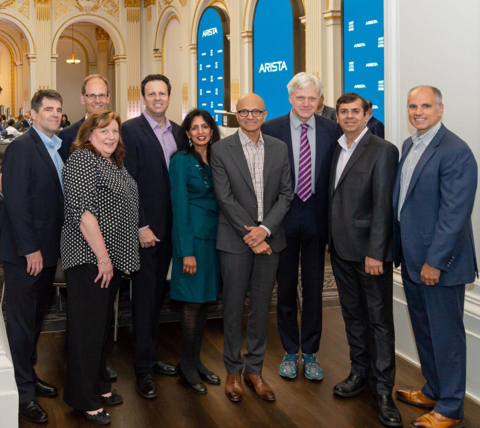 Arista's management team at the NYSE with Microsoft CEO Satya Nadella.