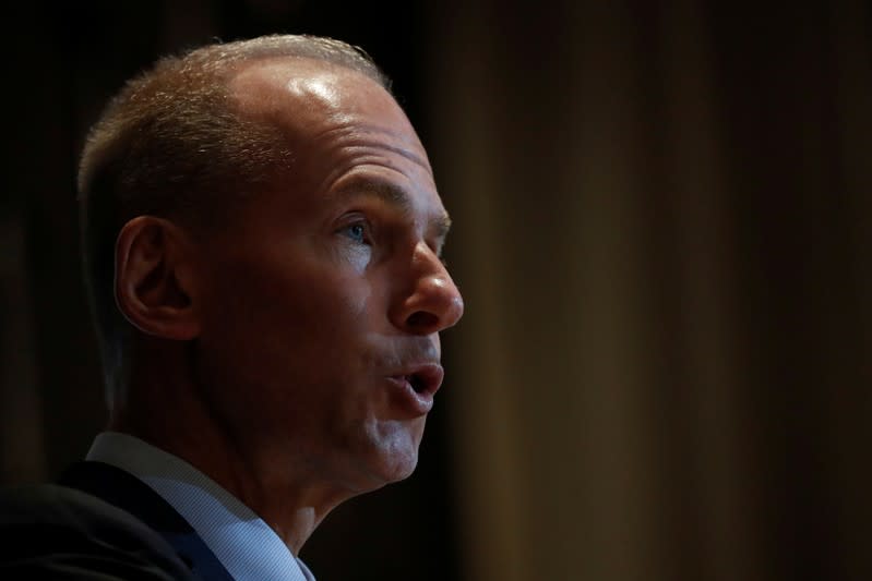 Boeing Chairman, President and CEO Dennis Muilenburg speaks at the New York Economic club luncheon in New York City