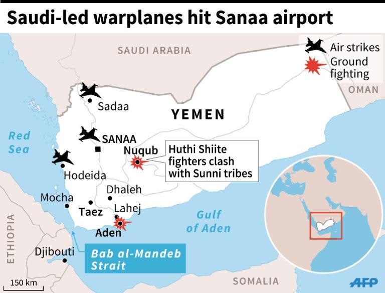 Map of Yemen locating the latest clashes