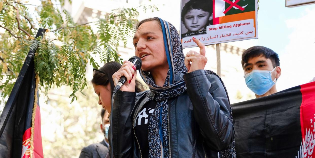 zarifa ghafari, youngest mayor in afghanistan, is in exile in paris, she participated in the rally in support of the afghan people, in paris, france, on september 5, 2021 photo by vincent koebelnurphoto via getty images