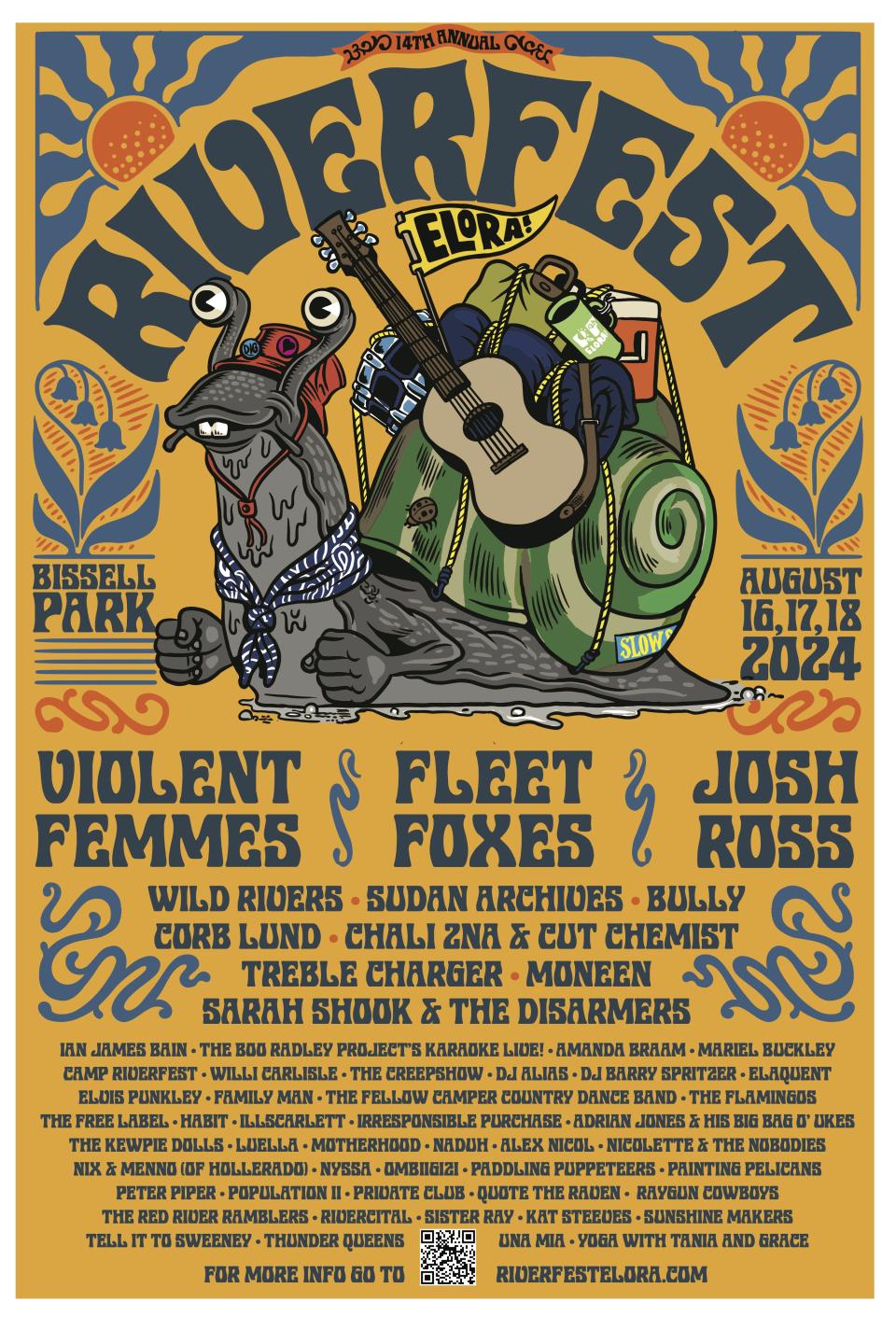 Riverfest Elora 2024 Lineup and Details. Artwork by Jon Kutt at High Road Design.