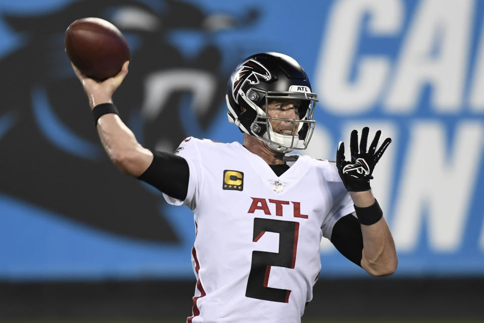 Atlanta Falcons quarterback Matt Ryan warms up before an NFL football game against the Carolina Panthers Thursday, Oct. 29, 2020, in Charlotte, N.C. (AP Photo/Mike McCarn)