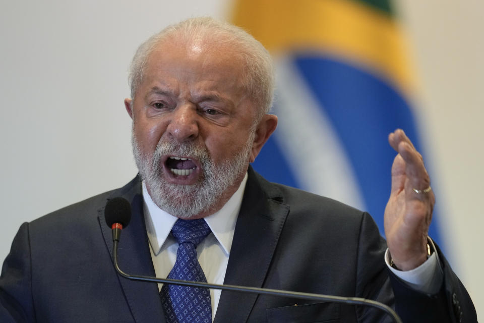 Brazilian President Luiz Inacio Lula da Silva speaks during a press conference after attending the South American Summit at Itamaraty palace in Brasilia, Brazil, Tuesday, May 30, 2023. South America's leaders are gathering as part of Lula's attempt to reinvigorate regional integration efforts. (AP Photo/Andre Penner)