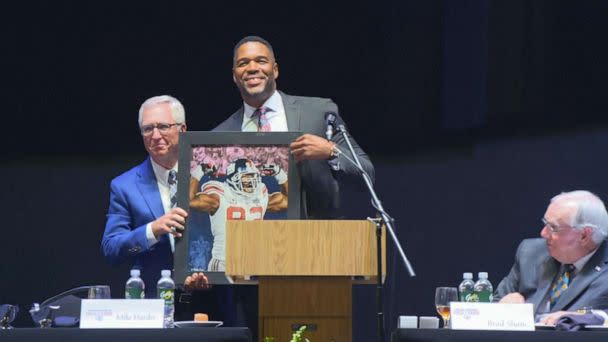 PHOTO: Michael Strahan is inducted into the Texas Sports Hall of Fame, April 16, 2023, in Waco, Texas. (WFAA)