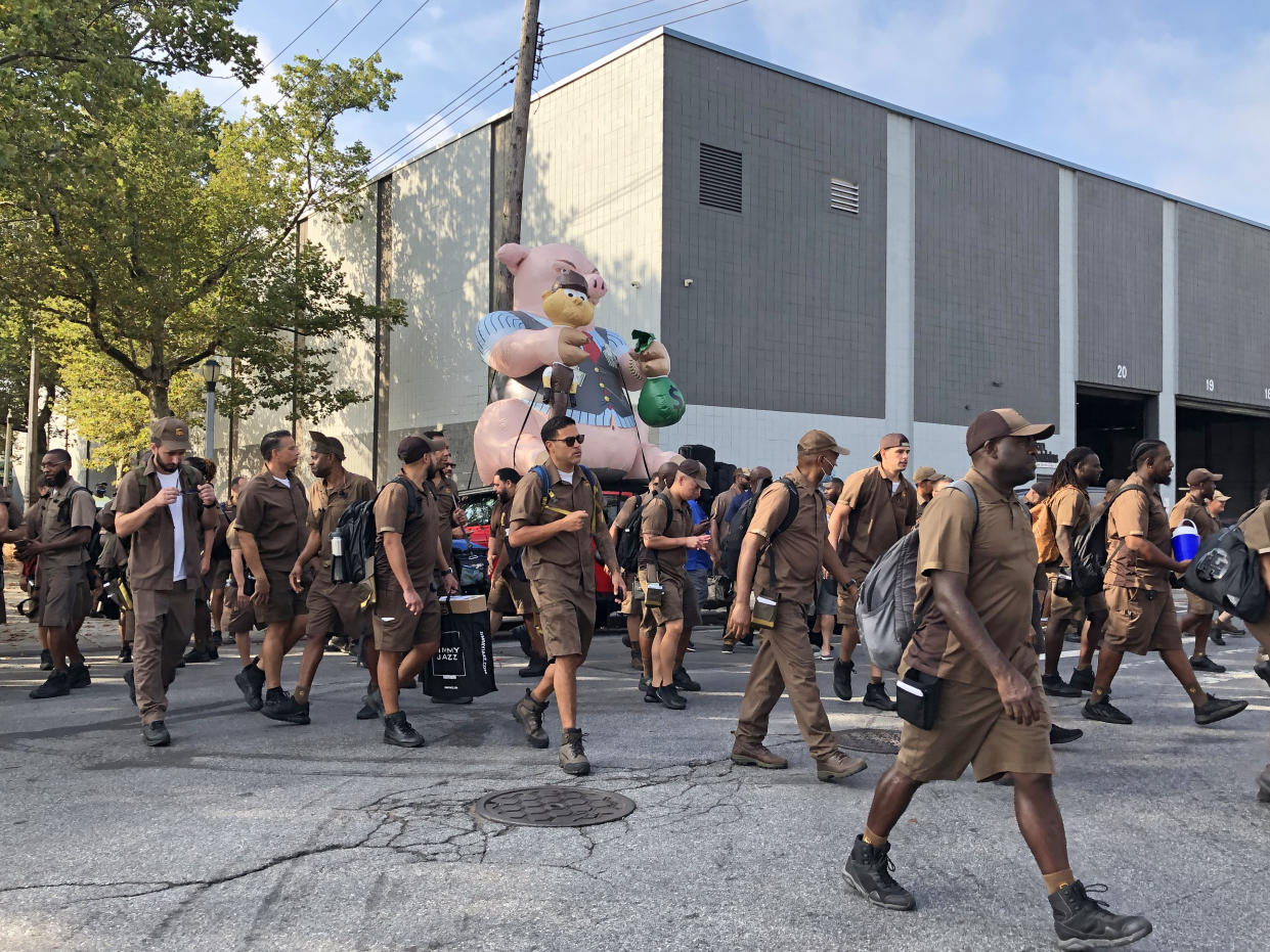 UPS workers protest near a company warehouse in Brooklyn, N.Y., on July 28, 2022. (Adiel Kaplan / NBC News)