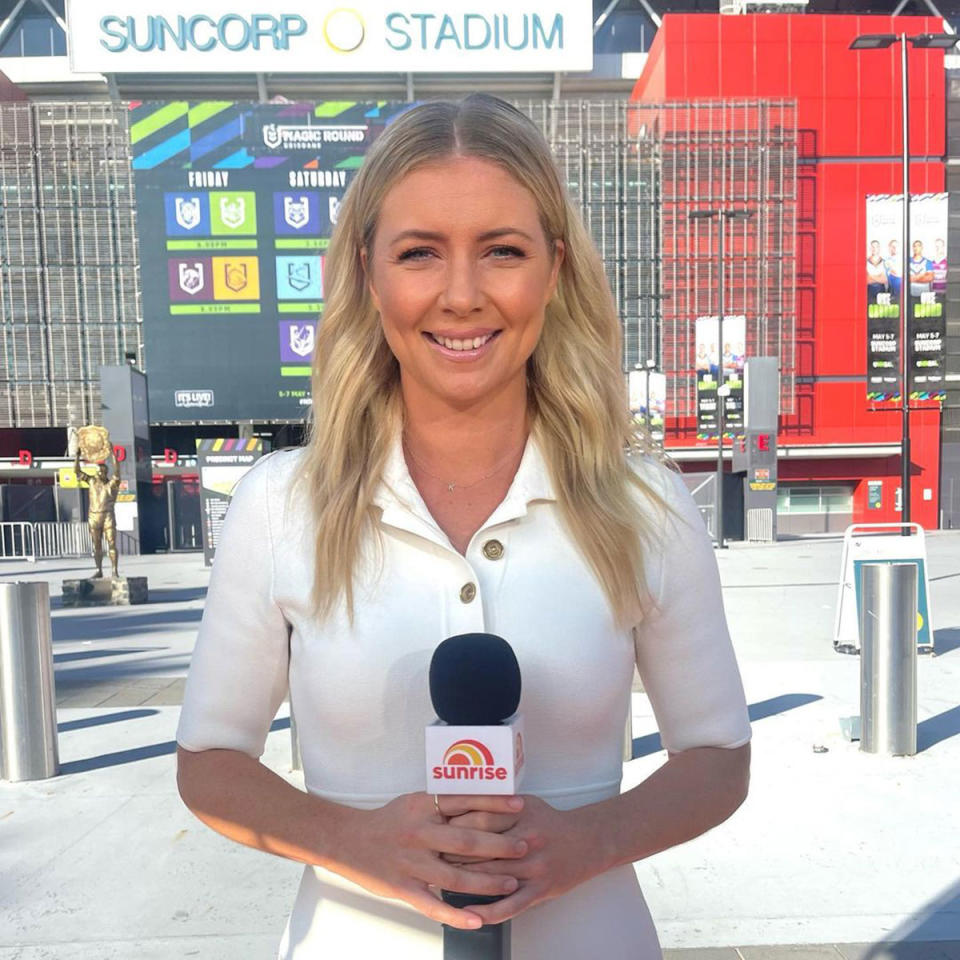 Sunrise reporter Katie Brown in front of Suncorp Stadium