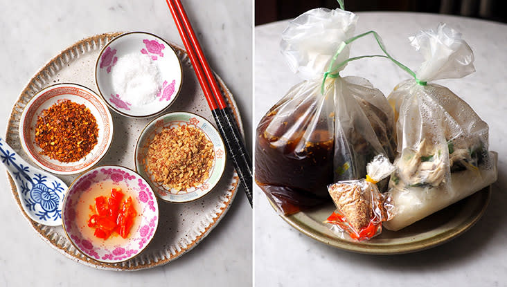 You can add various condiments such as chilli flakes, ground peanuts, vinegar infused with red chillies and sugar for the sweet, spicy and sour taste (left). If you're packing home the noodles, just heat up the broth to enjoy it piping hot (right)
