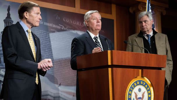 PHOTO: Senator Richard Blumenthal, Senator Lindsey Graham and Senator Sheldon Whitehouse speak at the Capitol in Washington, D.C, Feb. 16, 2023. (Saul Loeb/AFP via Getty Images)