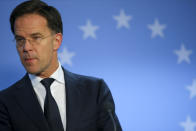 Dutch Prime Minister Mark Rutte speaks during a media conference at the end of an EU summit in Brussels, Friday, Feb. 21, 2020. Major contributors to the European Union's budget blocked progress at an emergency summit on Friday, insisting that they would not stump up more funds for the bloc's next long-term spending package. (AP Photo/Olivier Matthys)