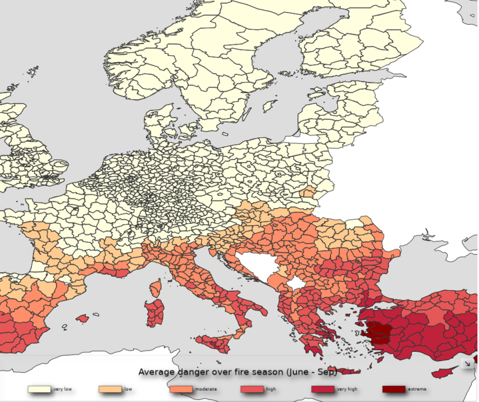 Fire Weather Index map showing the average danger over the fire season  - June through till September (Fire Weather Index climate copernicus)