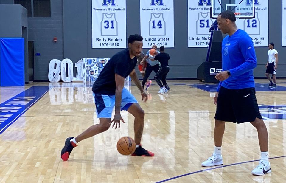 Former Mississippi State and former Memphis forward D.J. Jeffries works with Christian Simmons, a basketball skills development trainer, on May 3, 2024, at Elma Roane Fieldhouse in Memphis.