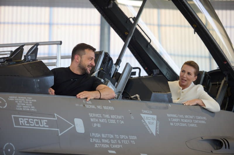 Ukrainian President Volodymyr Zelensky meets with Danish Prime Minister Mette Frederiksen at Skrydstrup Airbase, in Vojens, Denmark, on Sunday. Photo courtesy of Ukrainian Presidential Press Office/UPI