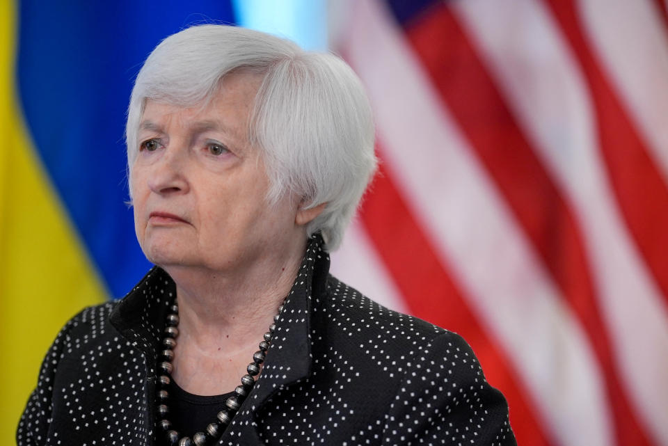 U.S. Treasury Secretary Janet Yellen and Ukraine Prime Minister Denys Shmyhal speak to the press after holding a bilateral meeting at the U.S. Treasury Department Building in Washington, D.C., U.S. April 13, 2023. REUTERS/Ken Cedeno