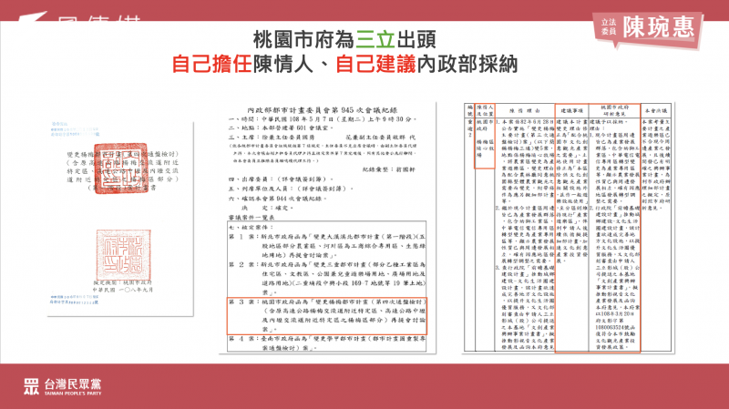 <cite>民眾黨立委陳琬惠踢爆，2019年變更楊梅都市計畫第4次通盤檢討，鄭文燦為了三立有夠貼心，桃市府自己幫三立當陳情人。（陳琬惠辦公室提供）</cite>