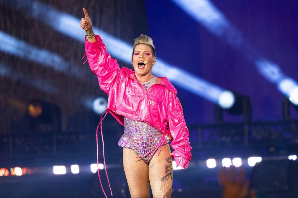 <p>Burak Cingi/Redferns</p> Pink performs in London in June 2023