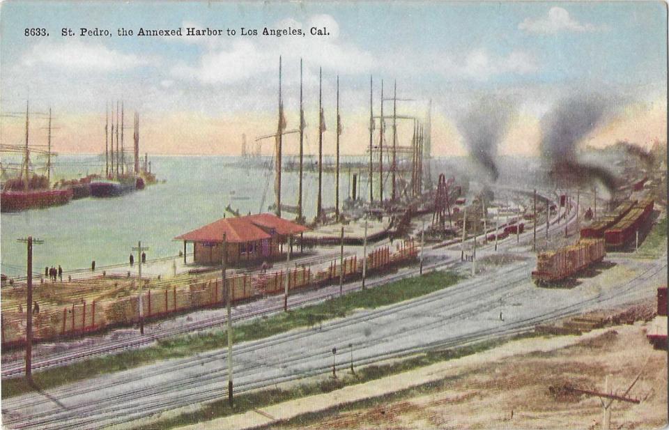 A vintage postcard shows an industrial scene of San Pedro and the harbor