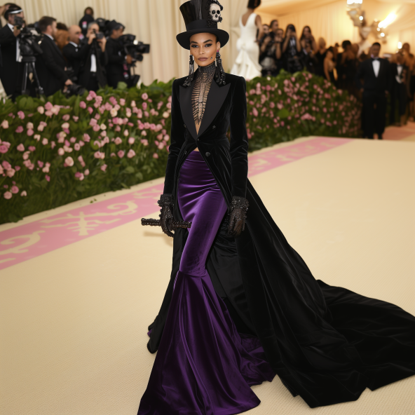 Person in a black top hat, embellished blazer with tails, and purple skirt at a gala event