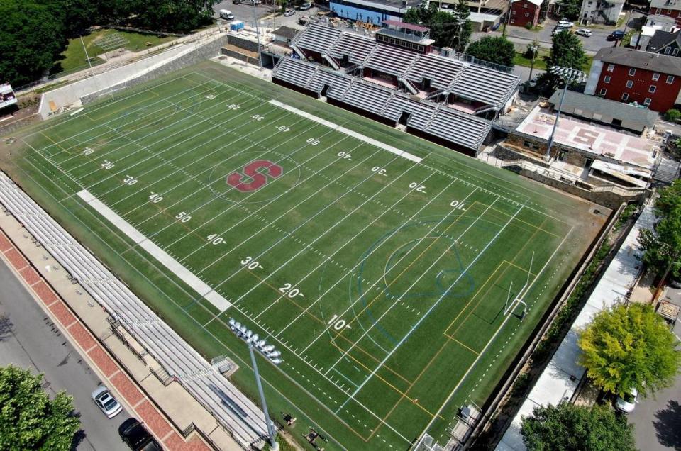 State College’s Memorial Field is pictured here in July 2020 as the school district neared completion of a major renovation project.