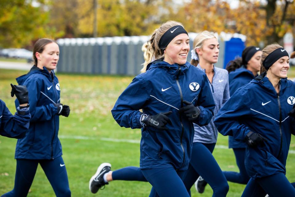 BYU women’s cross-country runners warm up prior to the Big 12 championships earlier this fall. On Friday, the BYU women’s team placed second in the NCAA regionals in Lubbock, Texas. | BYU Photo