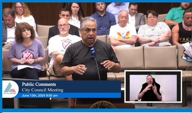 Concerned resident Samuel Garcia speaks out at the June 13, 2024, City Council meeting against possible budget cuts to the city recreation centers.