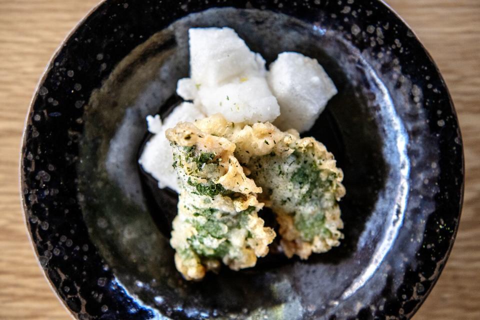 Agedashi Mochi shrimp, shiso, wood ear mushroom.