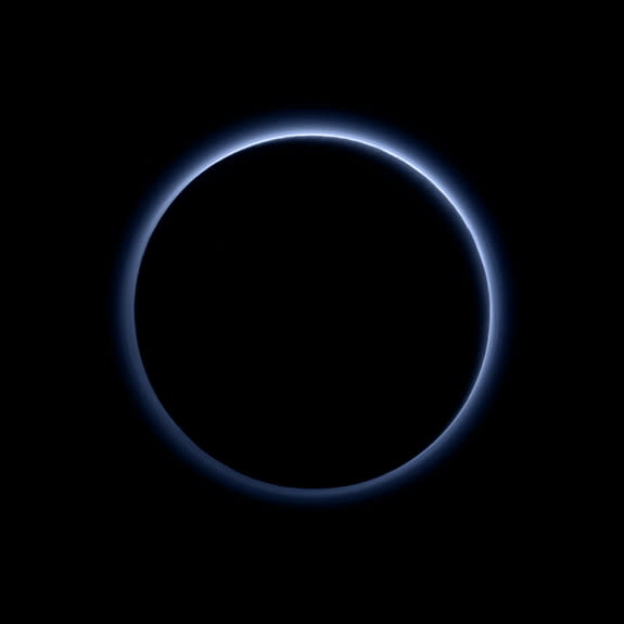 Pluto’s haze layer displays a blue color in this image obtained by the New Horizons spacecraft's Ralph/Multispectral Visible Imaging Camera (MVIC). Image released Oct. 8, 2015.