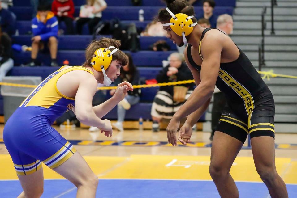 Sheboygan North’s Matthew Heller looks over Shoreland Lutheran’s Joey Kayon in a 170-pound match at the 46th Annual Herb Tyler invitational, Saturday, January 21, 2023, at Sheboygan North in Sheboygan, Wis.