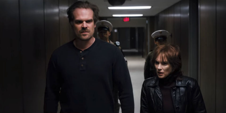 Jim Hopper, played by David Harbour, and Joyce Byers, played by Winona Ryder, in "Stranger Things."