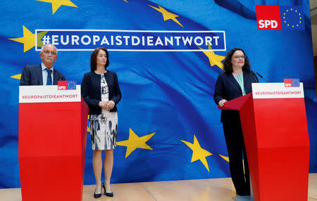 Andrea Nahles, leader of Germany's Social Democratic Party (SPD), top candidate Katarina Barley and MEP Udo Bullmann attend a news conference following the European Parliament election results, in Berlin, Germany, May 27, 2019. REUTERS/Fabrizio Bensch