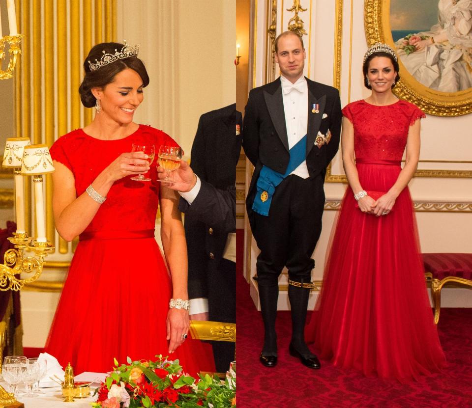 <p>Kate stunned in a scarlet Jenny Packham gown for a state banquet with Chinese President Xi Jinping in October 2015. She then wore the vivid red formal gown for the annual reception for members of the Diplomatic Corps at Buckingham Palace in December 2016. </p>