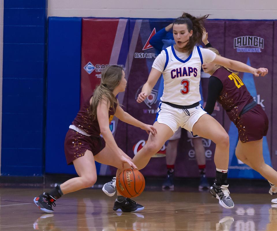 Westlake guard Gianna Angiolet defends during the Chaparrals' win over Dripping Springs over the weekend.