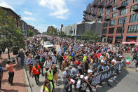 <p>Counterprotesters march down Tremont Street to confront free speech demonstrators in the Boston Common during the “Boston Free Speech” rally and counterprotest in Boston, Aug. 19, 2017. (Photo: Matthew J. Lee/The Boston Globe via Getty Images) </p>