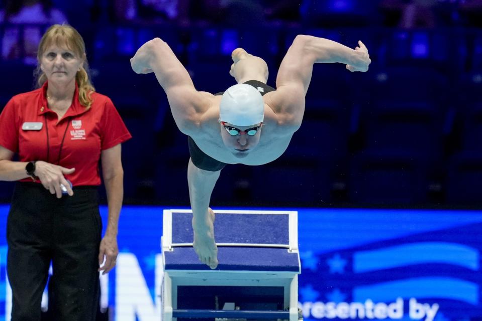 Zach Harting swims during a Men's 200 butterfly preliminary heat Tuesday, June 18, 2024, at the US Swimming Olympic Trials in Indianapolis. (AP Photo/Darron Cummings)