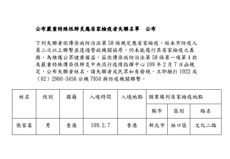 新北市民政局公布港男姓名，盼全民協尋（圖／新北市政府民政局）