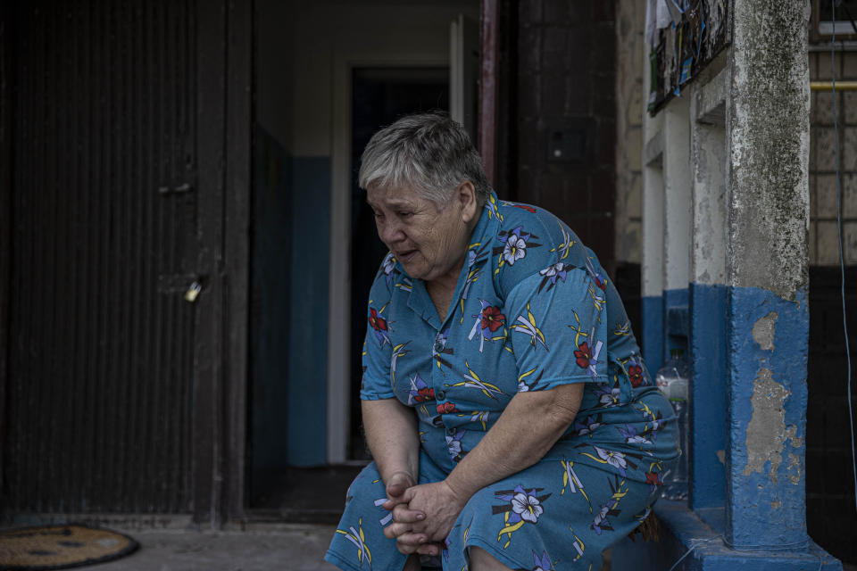 Ludymila Siskina, 74, whose house was badly damaged and whose husband was killed in Russian missile strikes, is seen after the strikes in Nikopol, Dnipropetrovsk Oblast, Ukraine, August 11, 2022. / Credit: Metin Aktas/Anadolu Agency/Getty