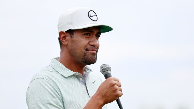 Professional golfer Tony Finau becomes emotional as he talks about the influence his mother, Vena Finau, had on him during the Tony Finau Foundation Golf Classic at Oak Ridge Country Club in Farmington on Monday, Aug. 1, 2022. Finau is currently involved in a pair of lawsuits from investors who claim they helped get Finau’s career off the ground and are due money.