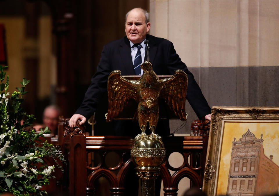 Ron Joseph, pictured here speaking at Lou Richards' state funeral in Melbourne in 2017.