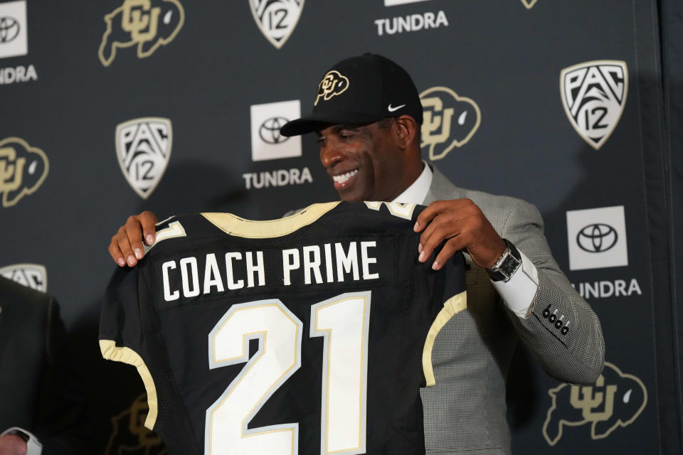 Dec 4, 2022; Boulder, CO, USA; Colorado Buffaloes head coach Deion Sanders during a press conference at the Arrow Touchdown Club. Mandatory Credit: Ron Chenoy-USA TODAY Sports