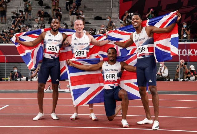 Ujah, third from left, with his silver medal-winning relay team-mates Nethaneel Mitchell-Blake, Richard Kilty and Zharnel Hughes