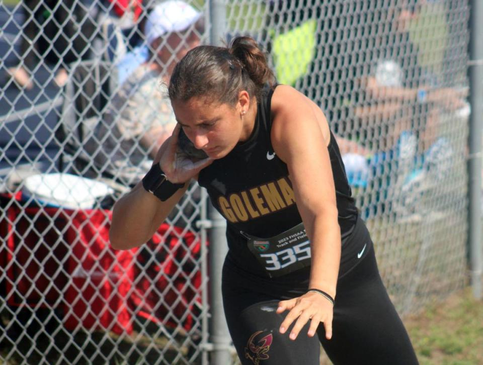 Lydia Kentis of Miami Goleman spins while throwing in the girls shot put at the FHSAA Class 4A high school track and field state championship in Jacksonville on May 20, 2023. [Clayton Freeman/Florida Times-Union]