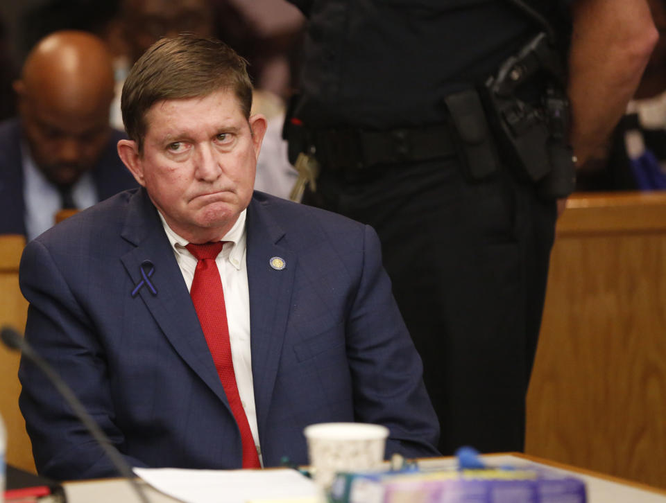 Lead prosecutor Michael Snipes reacts after defendant Roy Oliver receives a sentence of 15 years in prison for the murder of 15-year-old Jordan Edwards, Wednesday, Aug. 29, 2018, at the Frank Crowley Courts Building, in Dallas. Prosecutors had sought a minimum of 60 years in prison. (Rose Baca/The Dallas Morning News via AP, Pool)