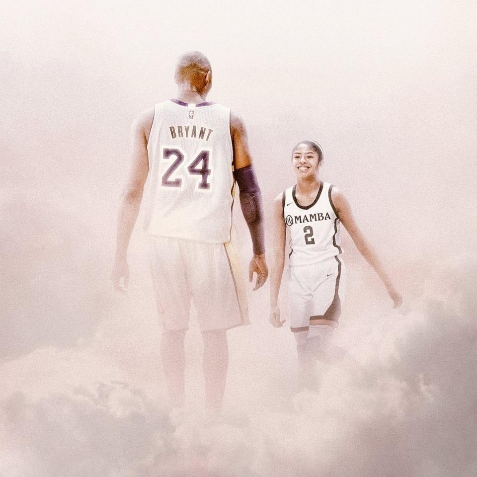 Kobe and Gianna among the clouds in a graphic where they're depicted as fellow players sharing a court. (Credit: marayu9/Instagram)