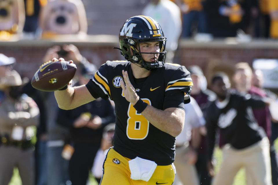 Missouri quarterback Connor Bazelak throws a pass during the first quarter of an NCAA college football game against Texas A&M Saturday, Oct. 16, 2021, in Columbia, Mo. (AP Photo/L.G. Patterson)