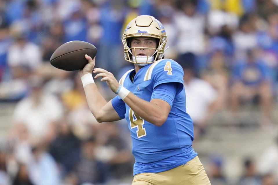 FILE - UCLA quarterback Ethan Garbers throws during the team's NCAA college football game against Alabama State in Pasadena, Calif., Sept. 10, 2022. UCLA coach Chip Kelly will have a variety of options this time as the Bruins have their first quarterback battle in five years. Garbers has taken the most snaps with the first team through the first week of drills. The redshirt junior has seen action in 11 games at quarterback the past two seasons after he transferred from Washington. (AP Photo/Ashley Landis, File)